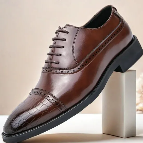 OUKU Elegant Brown Faux Leather Dress Shoes with Brogue Detailing for Professional and Business Settings