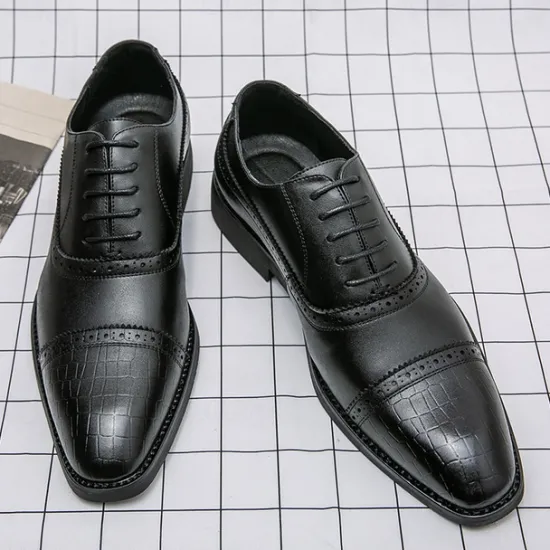 OUKU Elegant Brown Faux Leather Dress Shoes with Brogue Detailing for Professional and Business Settings