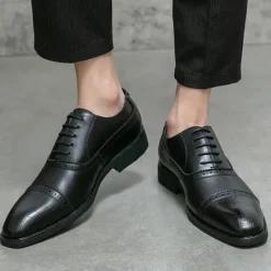 OUKU Elegant Brown Faux Leather Dress Shoes with Brogue Detailing for Professional and Business Settings