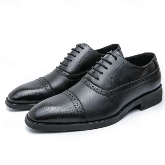 OUKU Elegant Brown Faux Leather Dress Shoes with Brogue Detailing for Professional and Business Settings