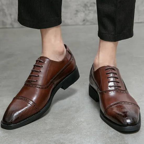 OUKU Elegant Brown Faux Leather Dress Shoes with Brogue Detailing for Professional and Business Settings