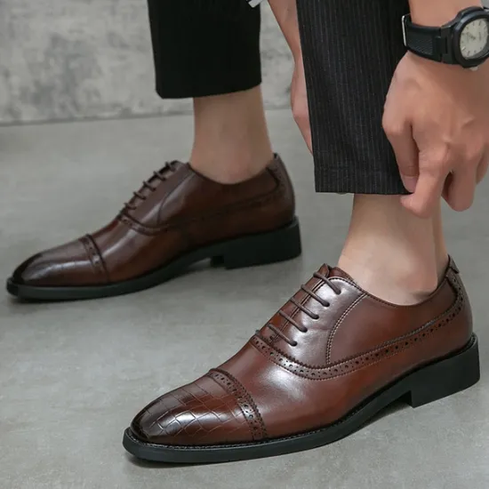 OUKU Elegant Brown Faux Leather Dress Shoes with Brogue Detailing for Professional and Business Settings