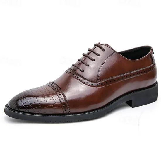 OUKU Elegant Brown Faux Leather Dress Shoes with Brogue Detailing for Professional and Business Settings