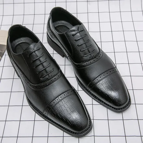 OUKU Elegant Brown Faux Leather Dress Shoes with Brogue Detailing for Professional and Business Settings