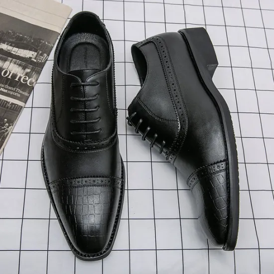 OUKU Elegant Brown Faux Leather Dress Shoes with Brogue Detailing for Professional and Business Settings
