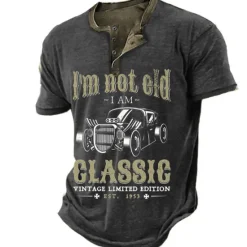 Online OUKU Est 1953 Mens Graphic Shirt Classic 3D For | Blue Cotton Henley Tee Letter Car Clothing Apparel Print Outdoor Casual Short Sleeve Button Down 'M Not Old Am