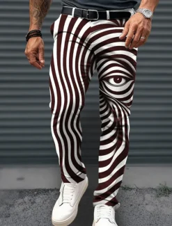 Hot OUKU Eye Business Abstract Men's 3D Print Dress Pants Pants Trousers Outdoor Daily Wear Streetwear Polyester Wine Black Navy Blue S M L Medium Waist Elasticity Pants