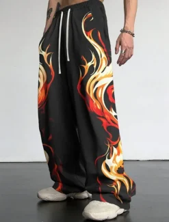 Hot OUKU Flame Casual Men's 3D Print Pants Trousers Outdoor Daily Wear Streetwear Polyester Red Blue Purple S M L Medium Waist Elasticity Pants