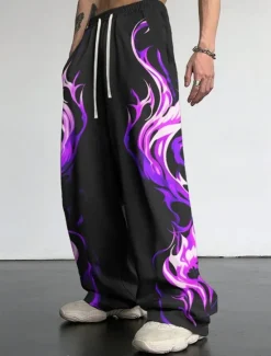 Hot OUKU Flame Casual Men's 3D Print Pants Trousers Outdoor Daily Wear Streetwear Polyester Red Blue Purple S M L Medium Waist Elasticity Pants