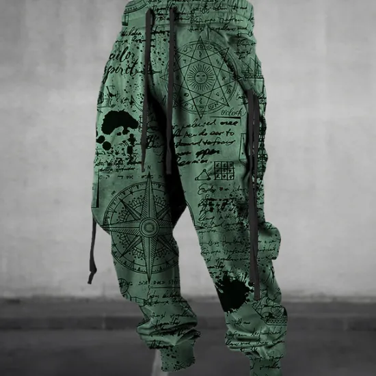 Discount OUKU Graffiti Compass Vintage Men's 3D Print Sweatpants Joggers Pants Trousers Outdoor Street Casual Daily Polyester Blue Green Khaki S M L Mid Waist Elasticity Pants