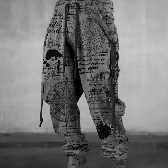 Discount OUKU Graffiti Compass Vintage Men's 3D Print Sweatpants Joggers Pants Trousers Outdoor Street Casual Daily Polyester Blue Green Khaki S M L Mid Waist Elasticity Pants