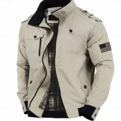OUKU Graphic American US Flag Men's Standing Collar Jacket Zip Up Combat Bomber Jacket Tactical Cargo Outwear Cotton Comfy Breathable Coat With Pockets