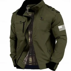 OUKU Graphic American US Flag Men's Standing Collar Jacket Zip Up Combat Bomber Jacket Tactical Cargo Outwear Cotton Comfy Breathable Coat With Pockets