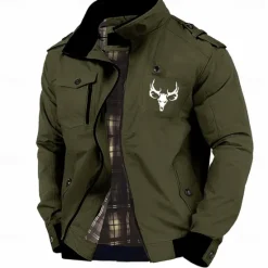 OUKU Graphic Animal Deer Men's Standing Collar Jacket Zip Up Combat Bomber Jacket Tactical Cargo Outwear Cotton Comfy Breathable Coat With Pockets
