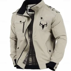 OUKU Graphic Animal Deer Men's Standing Collar Jacket Zip Up Combat Bomber Jacket Tactical Cargo Outwear Cotton Comfy Breathable Coat With Pockets