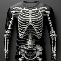 New OUKU Halloween Day of the Dead Skull Men's Graphic Skeleton T shirt Long Sleeve T shirt 3D Print Crew Neck Shirt Designer Casual Subculture Sports Outdoor Holiday Going out Spring Fall Clothing Apparel