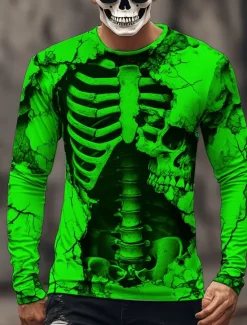 Hot OUKU Halloween Day of the Dead Skull Men's 3D Skeleton T Shirt Long Sleeve T shirt 3D Print Crew Neck Shirt Fashion Exaggerated Street Casual Daily Summer Spring Fall Clothing Apparel