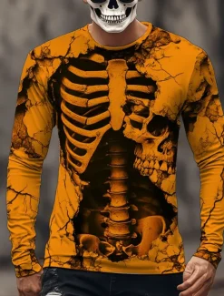 Hot OUKU Halloween Day of the Dead Skull Men's 3D Skeleton T Shirt Long Sleeve T shirt 3D Print Crew Neck Shirt Fashion Exaggerated Street Casual Daily Summer Spring Fall Clothing Apparel