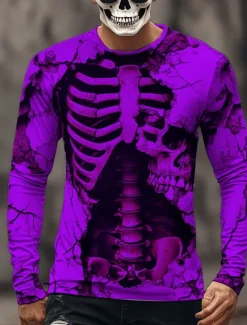 Hot OUKU Halloween Day of the Dead Skull Men's 3D Skeleton T Shirt Long Sleeve T shirt 3D Print Crew Neck Shirt Fashion Exaggerated Street Casual Daily Summer Spring Fall Clothing Apparel
