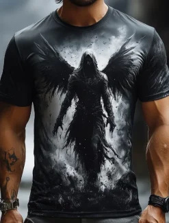 New OUKU Halloween Men's Angel & Devil T Shirt Short Sleeve T shirt 3D Print Crew Neck Shirt Fashion Exaggerated Designer Party Street Casual Black Red Blue Summer Spring All Seasons Clothing Apparel S M L XL