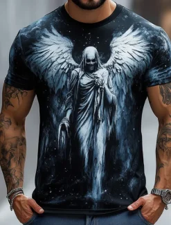 New OUKU Halloween Men's Angel & Devil T Shirt Short Sleeve T shirt 3D Print Crew Neck Shirt Fashion Exaggerated Designer Party Street Casual Black Red Blue Summer Spring All Seasons Clothing Apparel S M L XL