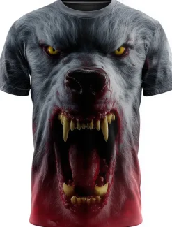 Outlet OUKU Halloween Men's Animal Optical Illusion 3D T Shirt Short Sleeve T shirt 3D Print Crew Neck Shirt Exaggerated Designer Horror Party Street Casual White Red Gray Summer Spring All Seasons Clothing