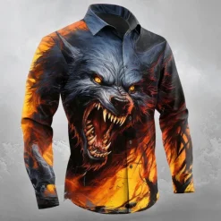 Online OUKU Halloween Men's Animal Wolf Halloween Costumes Shirt Button Up Shirt Long Sleeve Dark Gothic Style Outdoor Holiday Spring Fall Turndown 3D Print Collared Shirts Orange yellow Blue Orange Dark Blue