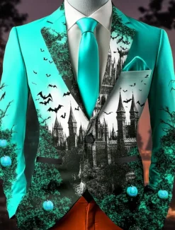 Online OUKU Halloween Men's Bat Castle Blazer Jacket Comfortable Artistic Casual Party Evening Wear Daily Festival 3D Print Buttons Multi Pocket Spring Fall & Winter Flat collar Long Sleeve Red Orange Green