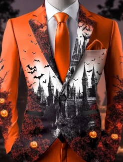Online OUKU Halloween Men's Bat Castle Blazer Jacket Comfortable Artistic Casual Party Evening Wear Daily Festival 3D Print Buttons Multi Pocket Spring Fall & Winter Flat collar Long Sleeve Red Orange Green