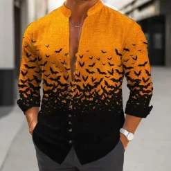 Best OUKU Halloween Men's Bat Halloween Costumes Shirt Stand Collar Shirt Long Sleeve Dark Gothic Style Outdoor Holiday Spring Fall Mandarin Collar Band Collar Button-Down Linen Like Shirt White Purple Orange