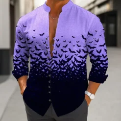 Best OUKU Halloween Men's Bat Halloween Costumes Shirt Stand Collar Shirt Long Sleeve Dark Gothic Style Outdoor Holiday Spring Fall Mandarin Collar Band Collar Button-Down Linen Like Shirt White Purple Orange