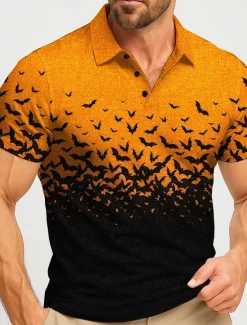 Hot OUKU Halloween Men's Bat Polo Short Sleeve Polo Shirts Lapel Casual Athleisure Daily Wear Festival Outfit 3D Print Buttons Summer White Purple Orange