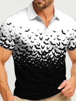 Hot OUKU Halloween Men's Bat Polo Short Sleeve Polo Shirts Lapel Casual Athleisure Daily Wear Festival Outfit 3D Print Buttons Summer White Purple Orange