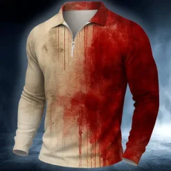 Outlet OUKU Halloween Men's Blood stains Polo Long Sleeve Polo Shirts Casual Dark Outdoor Street Daily Wear 3D Print Quarter Zip Polo Spring Fall Winter Red Blue Gray