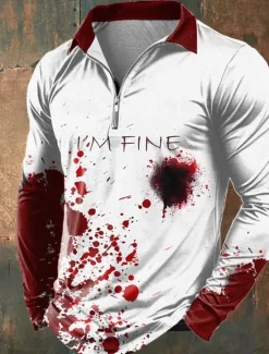OUKU Halloween Men's Blood stains Zip Polo Shirts Long Sleeve Polo Shirts Lapel Casual Horror Dark Outdoor Festival Outfit 3D Print Spring Fall Winter Red Blue Purple