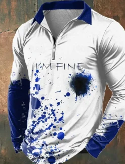 OUKU Halloween Men's Blood stains Zip Polo Shirts Long Sleeve Polo Shirts Lapel Casual Horror Dark Outdoor Festival Outfit 3D Print Spring Fall Winter Red Blue Purple