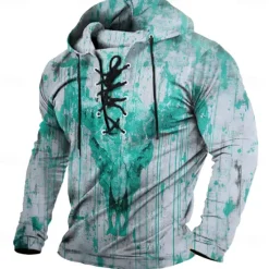 OUKU Halloween Men's Blood stains Punk Stylish Long Sleeve Hooded Streetwear Lake blue Red Drawstring Fall Winter Designer