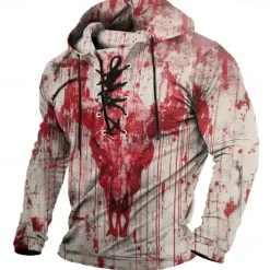 OUKU Halloween Men's Blood stains Punk Stylish Long Sleeve Hooded Streetwear Lake blue Red Drawstring Fall Winter Designer