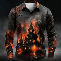 Sale OUKU Halloween Men's Castle Halloween Costumes Shirt Button Up Shirt Long Sleeve Casual Dark Party Evening Wear Fall Winter Spring & Summer Turndown Shirt Collar Button Up 3D Print Orange