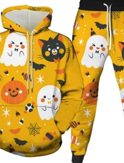 Sale OUKU Halloween Men's Cat Ghost Halloween pumpkin 2pcs 3D Sweatshirt Sets Tracksuit Hoodie Sweatshirt Long Sleeve Long pants Hooded Casual Daily Halloween Athleisure Festival Wear 3D Print Spring Fall