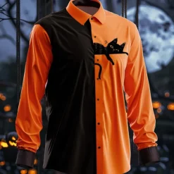 Hot OUKU Halloween Men's Cat Halloween Costumes Button Up Shirt Long Sleeve Dark Party Evening Wear Daily Fall Winter Spring & Summer Shirt Collar 3D Print Orange