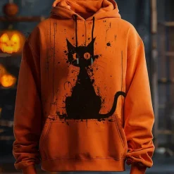 Hot OUKU Halloween Men's Cat Pumpkin Hoodie Hoodies Sweatshirt Fashion Cowboy Long Sleeve Hooded Pocket 3D Print Fall Winter Designer Orange