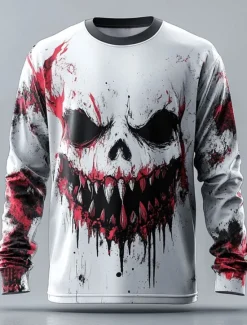 Discount OUKU Halloween Men's Clown Skulls T Shirt Long Sleeve T shirt 3D Print Crew Neck Shirt Horror Street Casual Daily Summer Spring Fall Clothing Apparel S M L XL XXL XXXL White