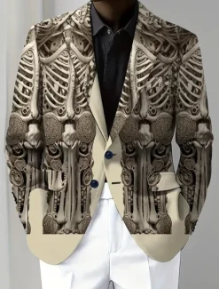 New OUKU Halloween Men's Coat Blazer Outdoor Street Festival Casual Daily Modern All Seasons 100% Polyester Skeleton 3D Print Buttons Comfortable Single Breasted Blazer Brown Gray