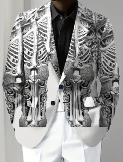 New OUKU Halloween Men's Coat Blazer Outdoor Street Festival Casual Daily Modern All Seasons 100% Polyester Skeleton 3D Print Buttons Comfortable Single Breasted Blazer Brown Gray
