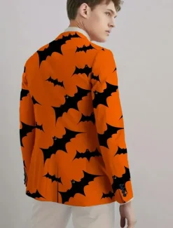 Best OUKU Halloween Men's Coat Blazer Outdoor Street Festival Casual Daily British All Seasons 100% Polyester Bat 3D Print Buttons Comfortable Single Breasted Blazer Black Orange Brown