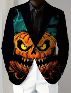 Outlet OUKU Halloween Men's Coat Blazer Party Street Festival Casual Daily British All Seasons 100% Polyester Pumpkin 3D Print Buttons Comfortable Single Breasted Blazer Black Orange Brown