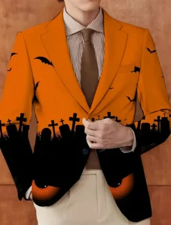 OUKU Halloween Men's Coat Blazer Outdoor Street Festival Casual Daily All Seasons 100% Polyester Bat 3D Print Buttons Comfortable Single Breasted Blazer White Purple Orange