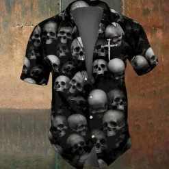 Hot OUKU Halloween Men's Cross Halloween Costumes Skulls Shirt Button Up Shirt Short Sleeve Dark Gothic Style Holiday Summer Spring Turndown 3D Print Collared Shirts Black Purple