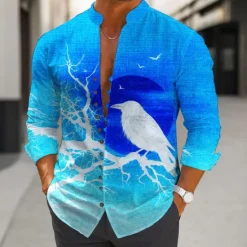 Best OUKU Halloween Men's Crow Halloween Costumes Shirt Stand Collar Shirt Long Sleeve Dark Gothic Style Outdoor Holiday Spring Fall Mandarin Collar Band Collar Button-Down Linen Like Shirt Blue Orange